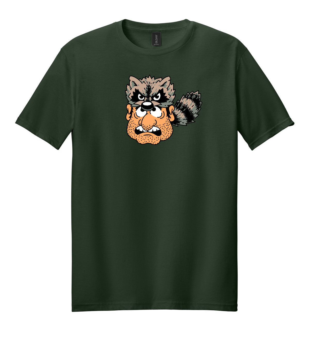 Green t-shirt with a cartoon raccoon design on a white background
