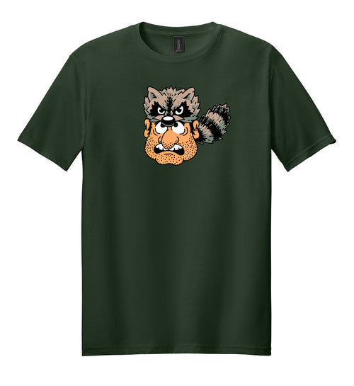 Green t-shirt with a cartoon raccoon design on a white background
