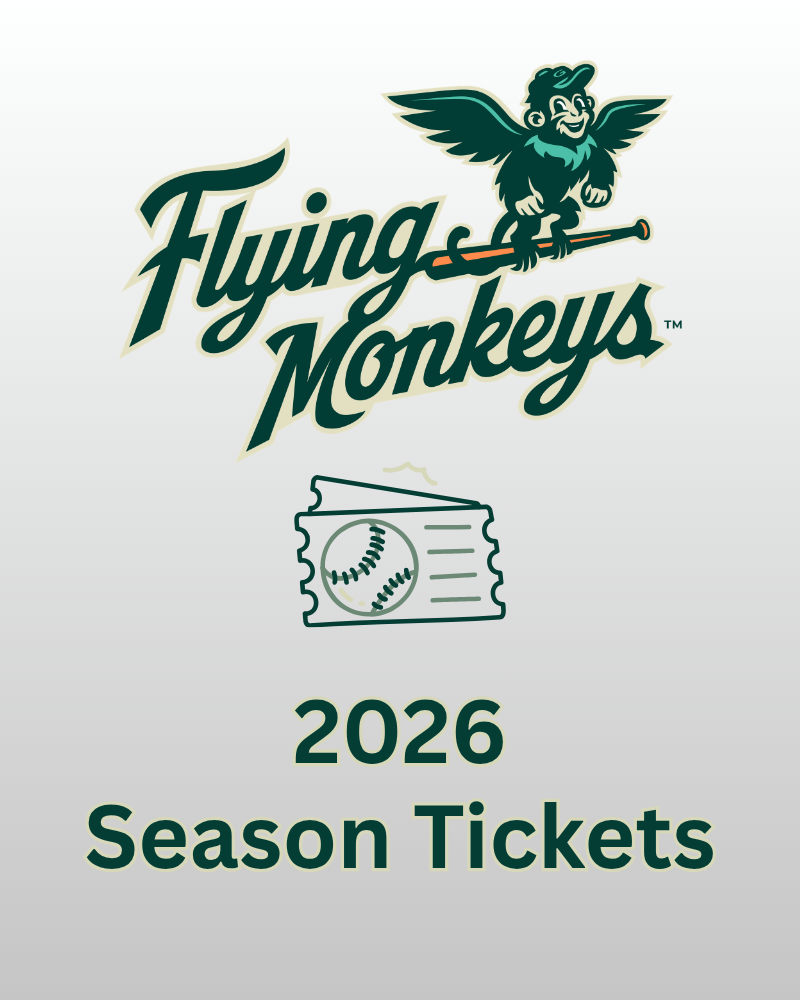 2026 season tickets for the Flying Monkeys with a logo of a monkey holding a bat on a light gray background.