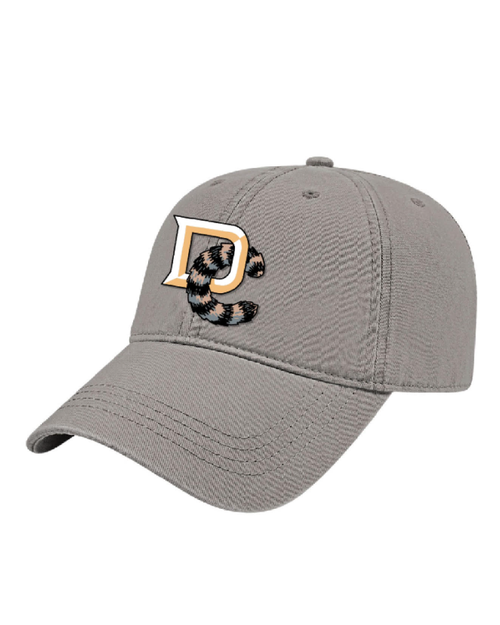 Gray cap with a Davie Crocketts logo featuring a 'D' and a raccoon design on a white background